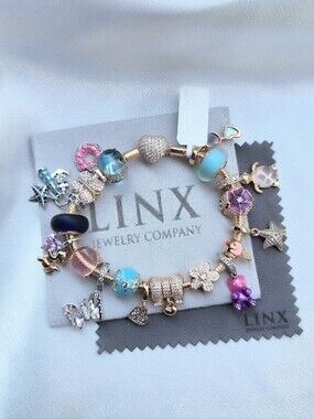 Linx Rose Gold Snake Chain Bracelet With Pink Purple & Blue Themed Charms
